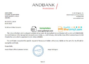 Andorra Andbank account balance reference letter template in Word and PDF format