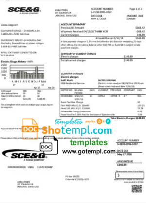 USA South Carolina SCE&G electricity utility bill template in Word and PDF format