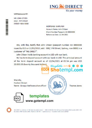 Australia ING Direct bank account balance reference letter template in Word and PDF format