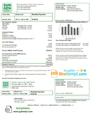 Japan S-Energy Japan Co. Ltd. Tokyo Branch utility bill template in Word and PDF format