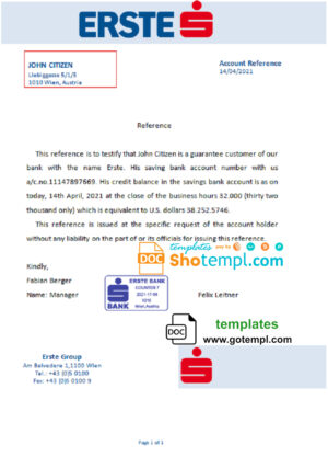 Austria Erste bank account balance reference letter template in Word and PDF format