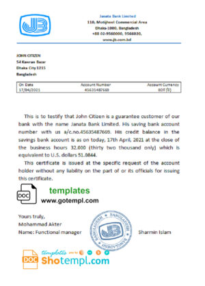 Bangladesh Janata bank account balance reference letter template in Word and PDF format