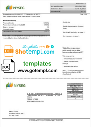 USA Massachusetts Boston NYSEG electricity utility bill template in Word and PDF format