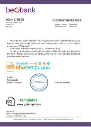 Belgium Beobank account balance reference letter template in Word and PDF format