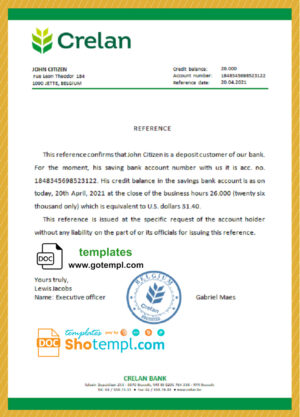 Belgium Crelan bank account balance reference letter template in Word and PDF format