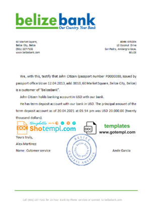 Belize Belizebank bank account balance reference letter template in Word and PDF format
