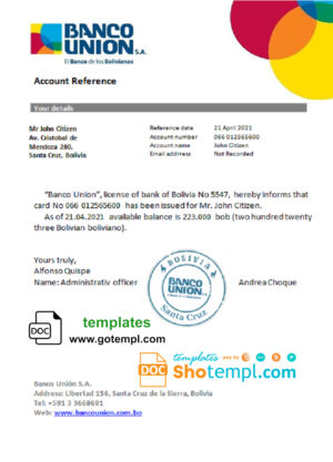 Bolivia Banco Union bank account balance reference letter template in Word and PDF format
