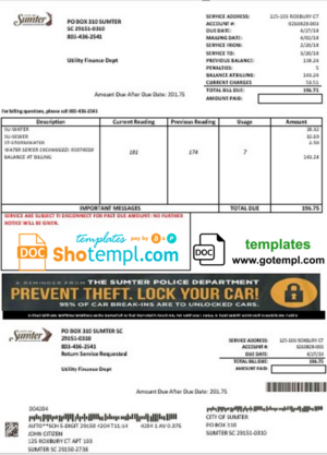 USA Arizona Chandler Utilities bill template in Word and PDF format