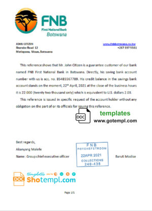 Botswana First National Bank (FNB) account balance reference letter template in Word and PDF format