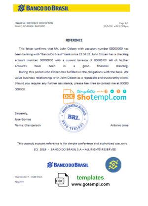 Brazil Banco do Brasil bank account balance reference letter template in Word and PDF format