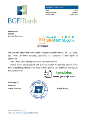 Cameroon BGFI Bank account balance reference letter template in Word and PDF format