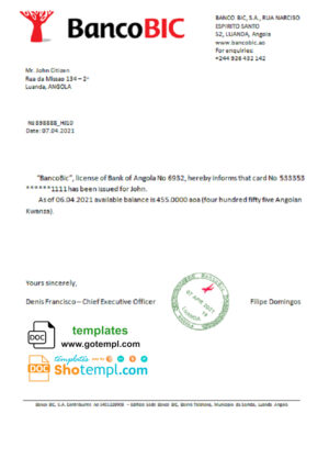 Angola Banco BIC bank account balance reference letter template in Word and PDF format