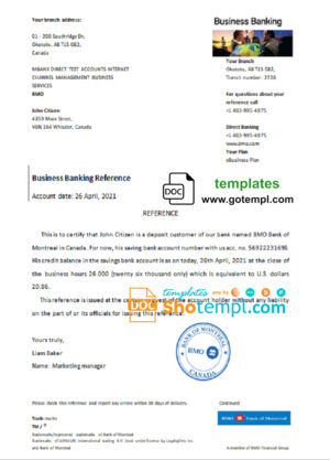 Canada BMO Bank of Montreal bank account balance reference letter template in Word and PDF format