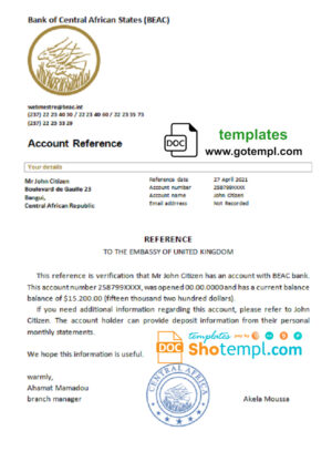Central African Republic Bank of Central African States (BEAC) bank account balance reference letter template in Word and PDF format