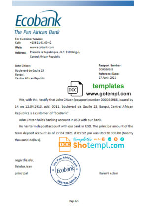 Central African Republic Ecobank bank account balance reference letter template in Word and PDF format