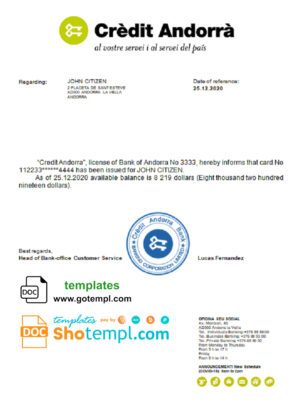 Andorra Credit Andorra bank account balance reference letter template in Word and PDF format