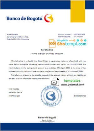 Colombia Banco de Bogotá bank account balance reference letter template in Word and PDF format
