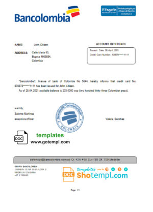 Colombia Bancolombia bank account balance reference letter template in Word and PDF format