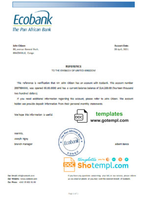 Congo Ecobank bank account balance reference letter template in Word and PDF format