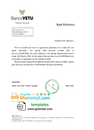 Angola Banco Yetu bank account balance reference letter template in Word and PDF format