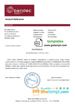 Cuba Bandec Banco de Credito y Comercio bank account balance reference letter template in Word and PDF format