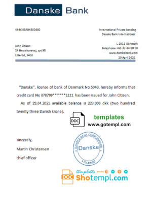 Denmark Danskebank bank account balance reference letter template in Word and PDF format