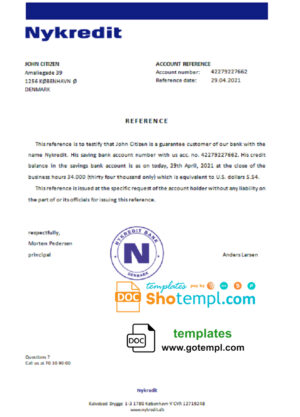 Denmark Nykredit bank account balance reference letter template in Word and PDF format
