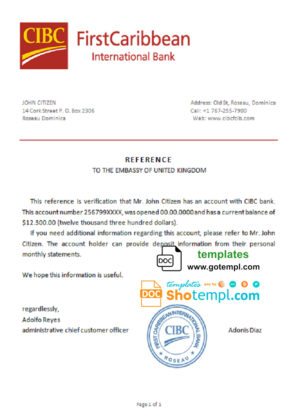 Dominica CIBC First Caribbean International bank account balance reference letter template in Word and PDF format