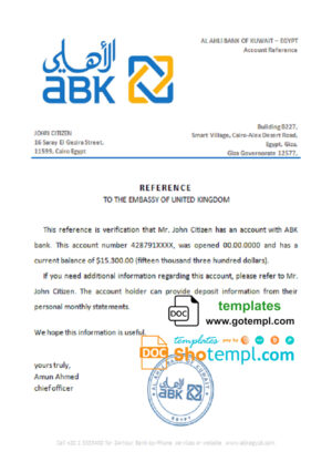 Egypt Al Ahli Bank of Kuwait bank account balance reference letter template in Word and PDF format