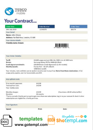 United Kingdom Tesco Mobile utility bill template in Word and PDF format