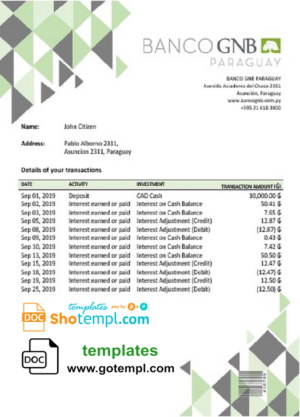 Mauritius Bank of Boroda bank statement template in Word and PDF format