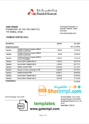Oman Bank Muscat proof of address bank statement template in Word and PDF format (.doc and .pdf)