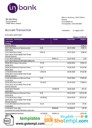 Estonia Inbank bank statement template, Word and PDF format (.doc and .pdf)