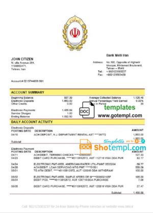 Iran Melli Bank statement template in Word and PDF format, good for address prove