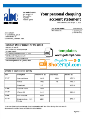 Uganda ABC Bank of Uganda proof of address bank statement template in Word and PDF format (.doc and .pdf)