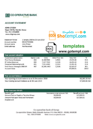 Kenya Co-Operative Bank proof of address statement template in Word and PDF format, .doc and .pdf format