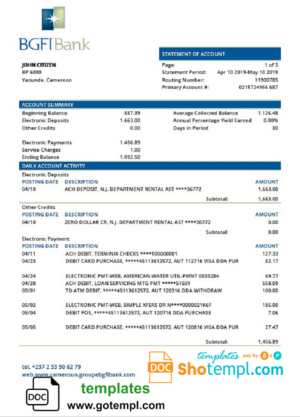 Cameroon BGFI Bank statement template in Word and PDF format