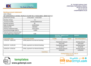 Pakistan The Bank of Khyber bank proof of address statement template in Word and PDF format, .doc and .pdf format