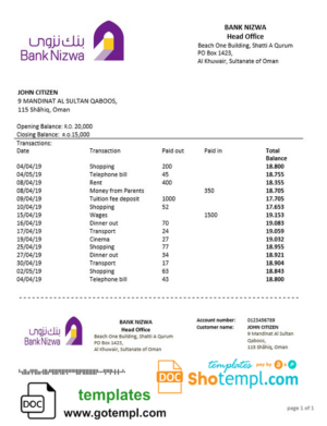 Oman Bank Nizwa proof of address bank statement template in Word and PDF format