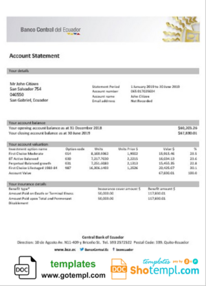 Ecuador Central Bank of Ecuador proof of address bank statement template in Word and PDF format