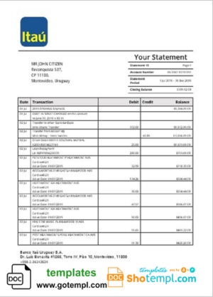 Uruguay Itau bank statement template in Word and PDF format