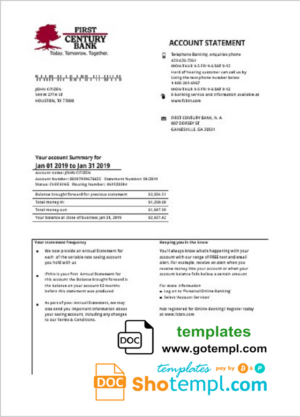 USA Georgia Gainesville First Century bank proof of address statement template in Word and PDF format