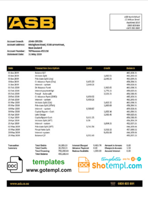 New Zealand ASB proof of addres bank statement template in Word and PDF format