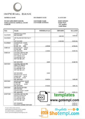 South Africa Imperial Bank statement easy to fill template in Word and PDF format
