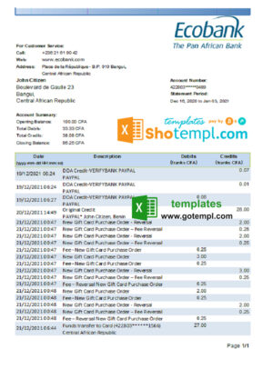 Central African Republic Ecobank bank statement easy to fill template in .xls and .pdf file format (AutoSum)
