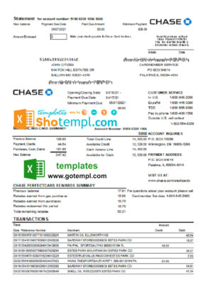USA Chase bank Mastercard card statement easy to fill template in Excel and PDF file format