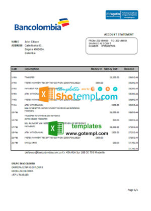 Colombia Bancolombia bank statement easy to fill template in Excel and PDF format