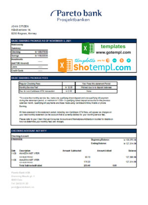 Norway Pareto bank statement easy to fill template in Excel and PDF format
