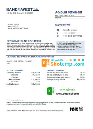 USA Bank of the West bank statement easy to fill template in Excel and PDF format