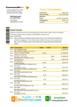 Australia Commonwealth Bank statement template in Excel and PDF format, fully editable